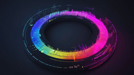 A dynamic D circular graph with rotating sections, glowing with neon colors, representing data distribution in a high-tech digital environment.の素材