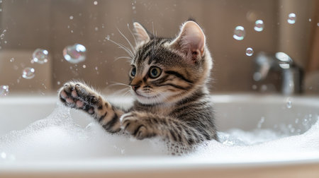 A curious kitten investigating bubbles in a bathtub, its paws playfully swatting at the foam, capturing a moment of pure joyの素材