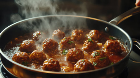 A creative shot of meatballs being dropped into a simmering pot of sauce, with steam rising and herbs floating, capturing the essence of home-cooked comfort foodの素材