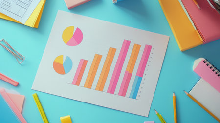 A financial report with bar and pie charts printed on paper, surrounded by office supplies, representing business performance analysis.の素材