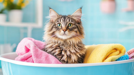 A fluffy Maine Coon cat sitting comfortably in a basin of warm water, with colorful bath accessories and a calm, serene vibeの素材