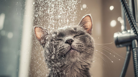 A happy gray cat enjoying a gentle rinse under a handheld shower, with sparkling water droplets and a warm, inviting bathroom ambianceの素材