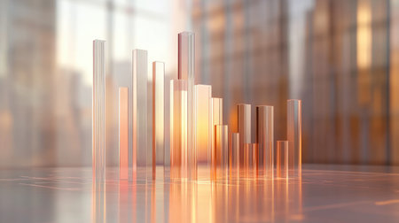 A modern D bar chart with segmented, transparent bars floating above a financial data surface, showcasing clear and impactful business performance metrics.の素材
