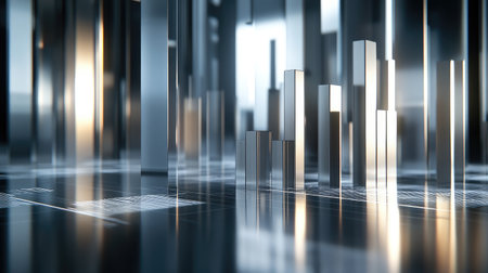 A high-tech D financial bar chart with metallic bars rising from a sleek surface, showing financial performance across multiple periods.の素材