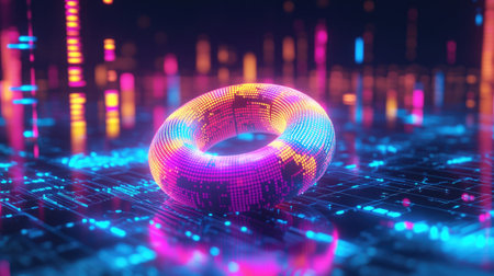 A high-tech D donut chart with neon-colored segments rotating around a central axis, surrounded by digital data points in a futuristic space.の素材