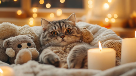 A fluffy Scottish Fold cat relaxing in a warm bath, surrounded by soft toys and scented candles, creating a cozy and relaxing atmosphereの素材