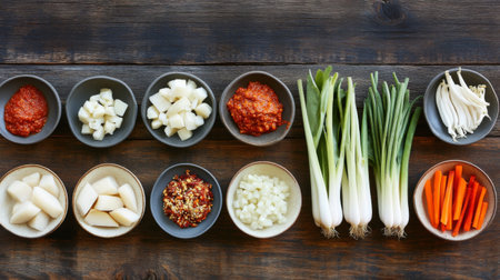 A beautiful arrangement of fresh vegetables and ingredients on a rustic wooden table, showcasing vibrant colors ideal for cooking and meal preparation.の素材