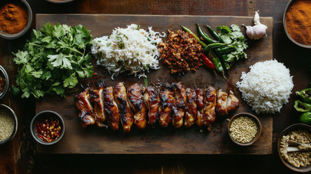 A beautifully arranged platter featuring grilled chicken, fragrant rice, and vibrant vegetables, showcasing a feast of flavors and textures. Perfect for food lovers.の素材