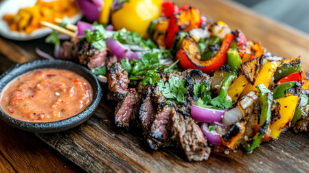 A vibrant platter featuring grilled steak skewers with colorful bell peppers and onions, served with a tasty dipping sauce. Perfect for any occasion!の素材