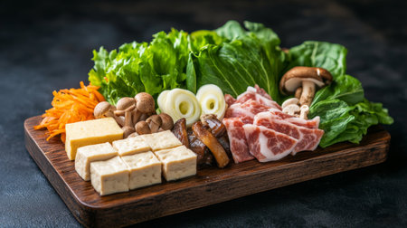 A colorful assortment of fresh vegetables, meat, and tofu arranged on a wooden board, perfect for preparing a flavorful Asian hot pot dish. Ideal for food enthusiasts.の素材