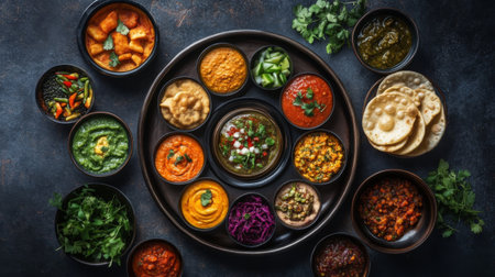 Experience a vibrant Indian feast showcasing a variety of colorful dishes in rustic bowls. Each dish is rich in flavors and reflects traditional culinary art.の素材