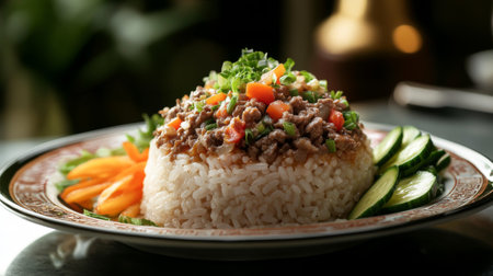 A beautifully presented rice dish topped with savory beef and colorful vegetables. This vibrant meal embodies freshness and gourmet appeal. Perfect for any dining occasion.の素材
