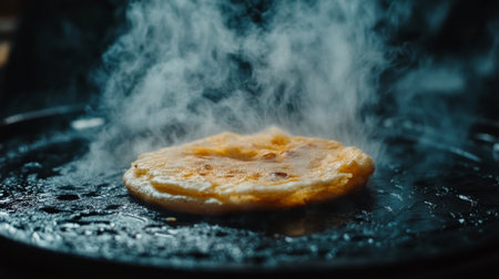 A freshly cooked flatbread resting on a hot griddle, with steam rising, captures the essence of culinary delights in a kitchen setting. Perfect for food lovers.の素材
