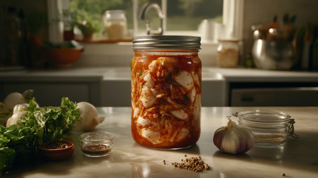 A glass jar filled with homemade kimchi sits proudly on a kitchen countertop, showcasing vibrant vegetables and spices, perfect for culinary inspiration.の素材