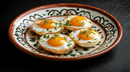 A beautifully arranged plate of cooked eggs featuring vibrant yellow yolks, garnished with fresh herbs, perfect for breakfast or brunch.の素材