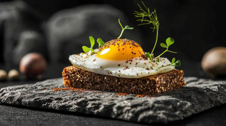 A beautifully arranged fried egg on a slice of dark rye bread garnished with fresh herbs. This captivating dish highlights the richness of flavor and texture, perfect for breakfast or brunch.の素材