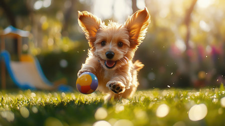 A playful puppy frolicking in a sunny park, chasing after a colorful ball, with its ears flopping in the wind, capturing the essence of joy and innocenceの素材