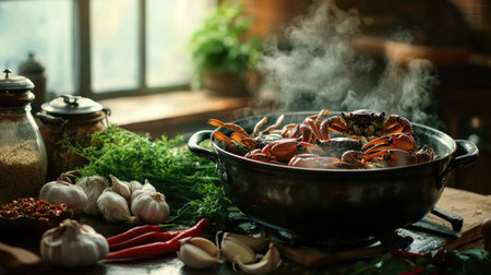 A rustic kitchen scene featuring a steaming pot of crabs being prepared, with fresh ingredients like garlic, chili, and herbs displayed on the countertop, capturing the cooking process.の素材