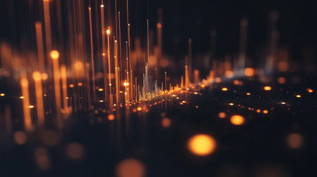 A sleek financial graph with rising lines and glowing data points, set against a dark background, representing strong business growth and success.の素材