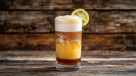 A refreshing glass of frozen beer topped with frothy foam and garnished with a slice of lemon, set against a rustic wooden background, inviting a cool sip on a hot dayの素材