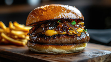 A vibrant food photography shot of a sausage sandwich topped with caramelized onions and mustard, presented on a wooden board, enticing food loversの素材
