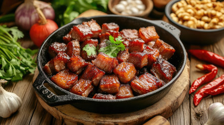 A rustic kitchen setting with a cast iron skillet filled with crispy fried pork belly, surrounded by fresh ingredients like garlic and chiliesの素材