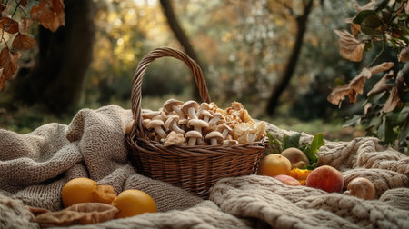 A rustic picnic setting with a basket full of freshly picked mushrooms, surrounded by blankets, fruits, and a beautiful nature backdropの素材