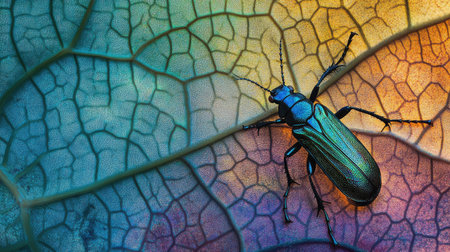 A small, iridescent beetle exploring the veins of a large, dew-covered leaf in the morning light, showcasing the beauty of nature's details.の素材
