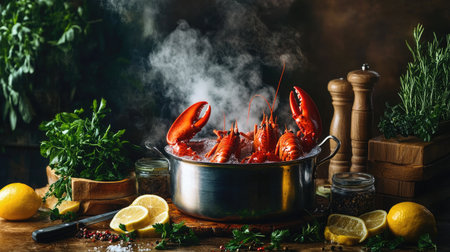 A rustic kitchen setup featuring a pot of boiling water with lobsters being prepared, surrounded by fresh herbs, lemon slices, and spices, capturing the cooking process.の素材