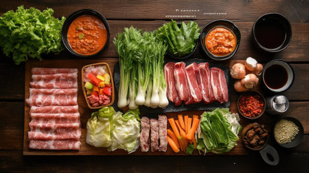 A top-down view of an inviting spread featuring  , with an array of marinated meats, fresh vegetables, and sauces, all beautifully arranged on a rustic wooden table.の素材