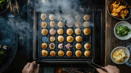 A top-down view of takoyaki cooking on a special grill pan, with steam rising and ingredients like octopus and batter arranged nearby.の素材