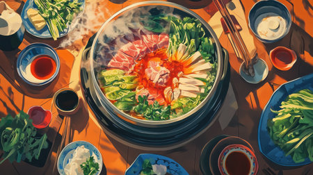 A vibrant dining table set for a shabu-shabu feast, featuring a bubbling pot of broth surrounded by an array of fresh vegetables, thinly sliced meats, and dipping sauces, inviting guests to enjoy a communal meal.の素材