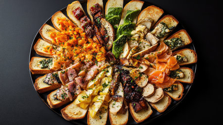 A visually appealing platter of toasted bread slices, arranged in a fan shape and topped with different gourmet ingredients, ready to impress at a gathering.の素材