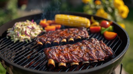 A vibrant outdoor barbecue scene featuring juicy pork ribs sizzling on the grill, surrounded by colorful side dishes like coleslaw and corn on the cob.の素材