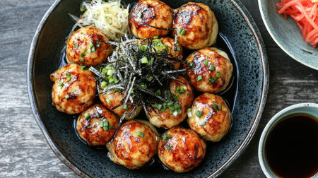 A top-down view of a plate of golden-brown takoyaki balls, topped with seaweed flakes and bonito, served with a side of pickled ginger and dipping sauce.の素材