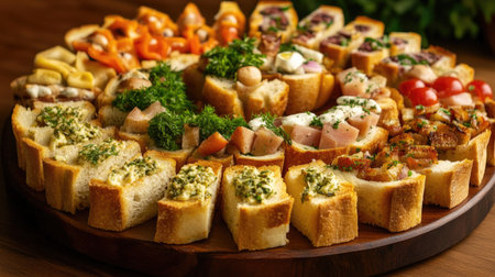A visually appealing platter of toasted bread slices, arranged in a fan shape and topped with different gourmet ingredients, ready to impress at a gathering.の素材