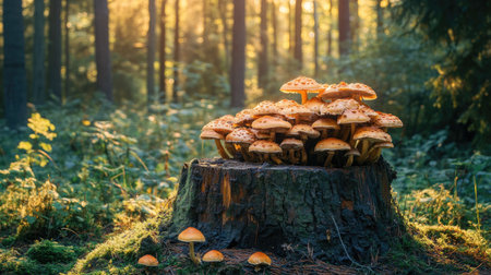 A whimsical scene of mushrooms growing on a tree stump in a vibrant forest, with dappled sunlight creating a magical atmosphereの素材
