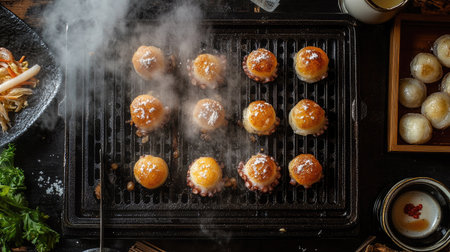A top-down view of takoyaki cooking on a special grill pan, with steam rising and ingredients like octopus and batter arranged nearby.の素材