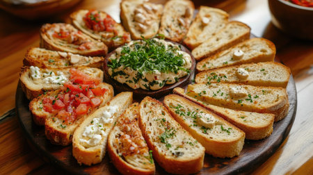A visually appealing platter of toasted bread slices, arranged in a fan shape and topped with different gourmet ingredients, ready to impress at a gathering.の素材