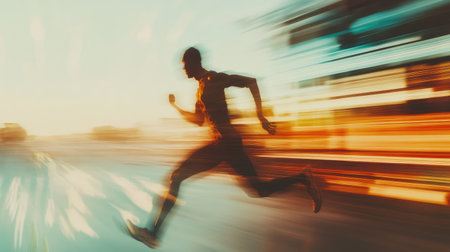 A sports scene showing a runner in motion, capturing the power and dynamics of the human body, with focus on muscles and endurance against a blurred backgroundの素材