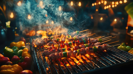 A vibrant barbecue scene featuring marinated meat skewers sizzling on the grill, surrounded by colorful vegetables, smoke rising, and friends enjoying a summer cookout in the background.の素材