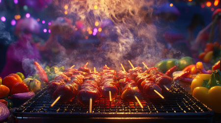 A vibrant barbecue scene featuring marinated meat skewers sizzling on the grill, surrounded by colorful vegetables, smoke rising, and friends enjoying a summer cookout in the background.の素材