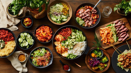A vibrant spread of Korean dishes on a wooden table, featuring bibimbap, kimchi, and bulgogi, all beautifully arranged, showcasing the colorful and flavorful essence of Korean cuisine.の素材