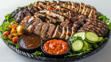 A mouthwatering platter of grilled meats, including chicken, pork, and beef, served with colorful vegetables and sauces, perfect for a summer barbecue gathering.の素材