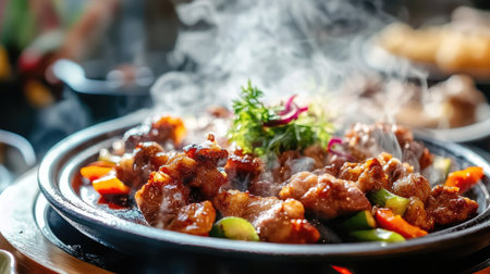 A close-up of a variety of meats and vegetables sizzling on a hot plate, with steam rising and garnishes of herbs and spices, showcasing the appetizing colors and textures of  .の素材