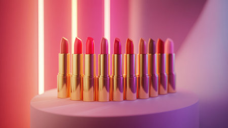 A vibrant image of an assortment of lipsticks in different shades arranged in a row, with their colors beautifully displayed and the background softly blurred.の素材