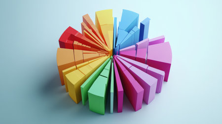 A D exploded pie chart with each segment floating apart from the center, vividly colored and illuminated, representing data comparison.の素材