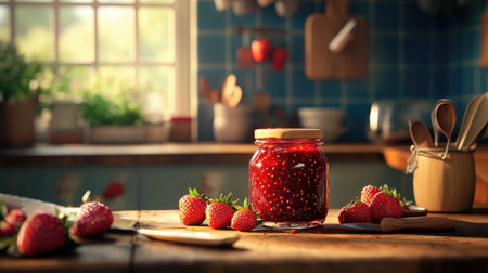 A beautiful jar of homemade strawberry jam sitting on a rustic kitchen counter, surrounded by fresh strawberries and baking utensils, evoking a cozy atmosphereの素材