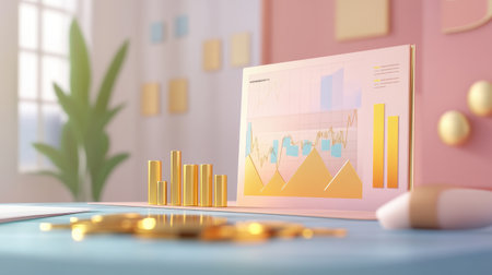 A visually appealing infographic featuring a gold price chart alongside key economic indicators, designed for an investment presentation, placed on a modern conference table with office essentials.の素材