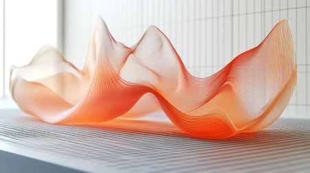 A D area chart with layered, translucent curves illustrating data fluctuations, rising and falling smoothly over time, set in a digital grid space.の素材